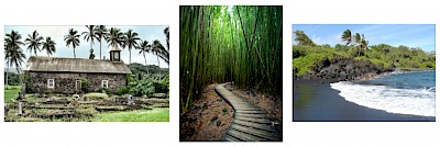 Sights along the Road to Hana: Ke'anae Congregational Church, bamboo forest along Pipiwai Trail, black sand beach at Waianapanapa State Park.